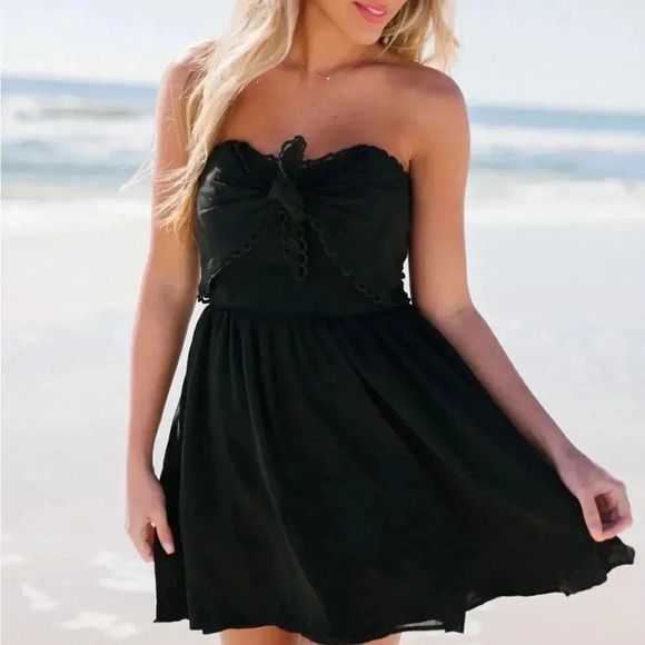 JUDITH MARCH TIE FRONT STRAPLESS A LINE PLEATED ZIP UP MINI DRESS IN BLSCK M - Picture 2 of 16